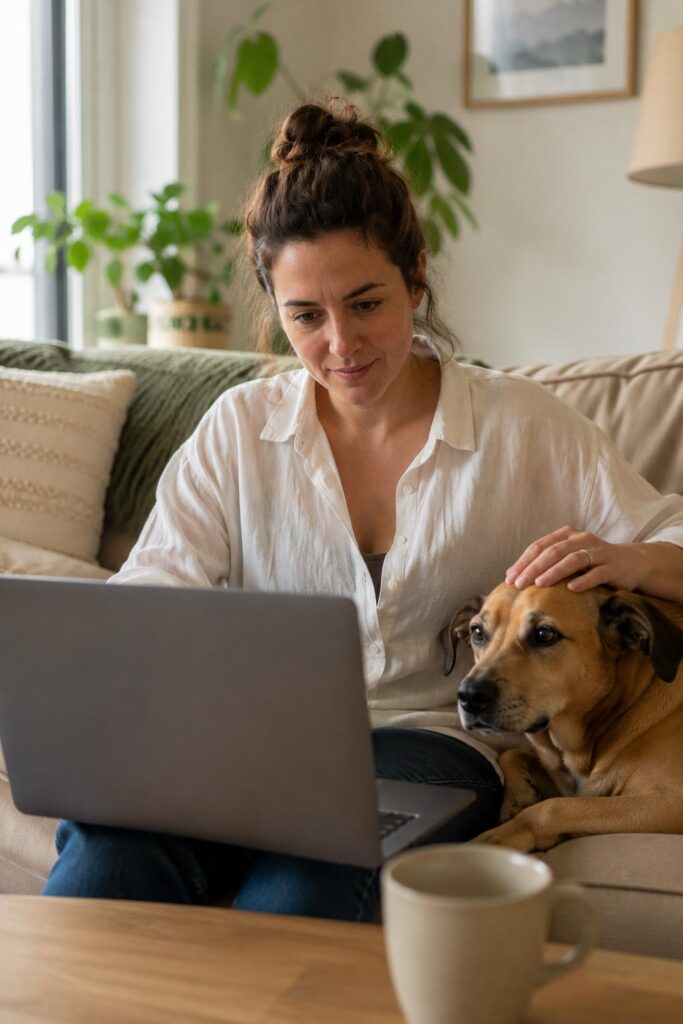 Mujer haciendo una consulta de nutrición veterinaria online desde casa mientras acaricia a su perro