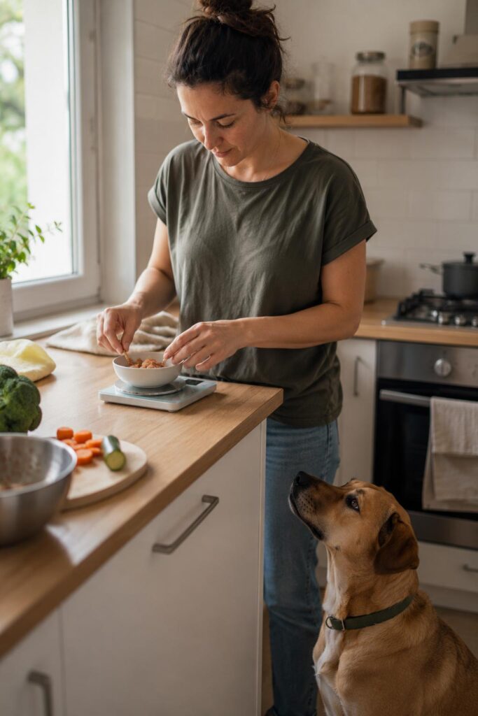Tutora pesando la comida de su perro en casa siguiendo un plan de nutrición veterinaria