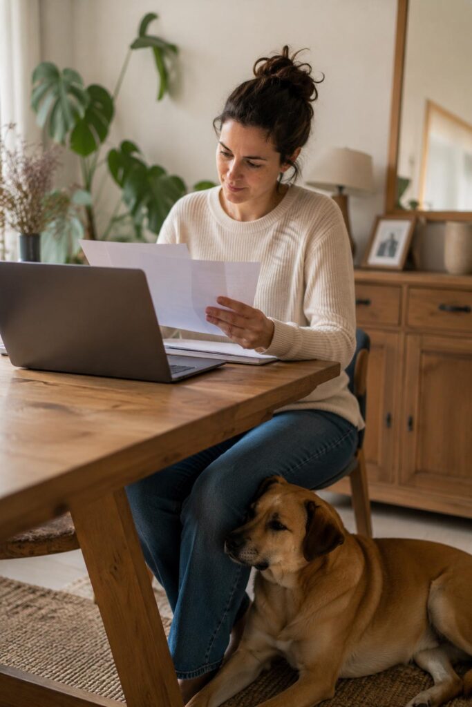 Tutora revisando los informes veterinarios de su animal antes de una consulta de nutrición clínica